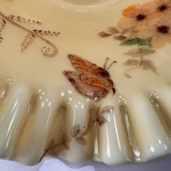 VTG Fenton Honey Amber Floral Butterfly 7224 Brides Bowl 10" Ruffled Edge 80's